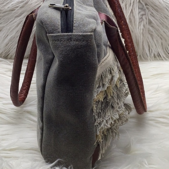 Mona B Upcycle Taupe Canvas Fringe Shoulder Bag - Picture 7 of 11